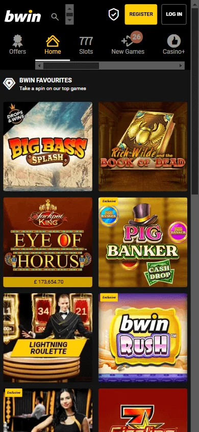 Bwin Casino mobile home screen