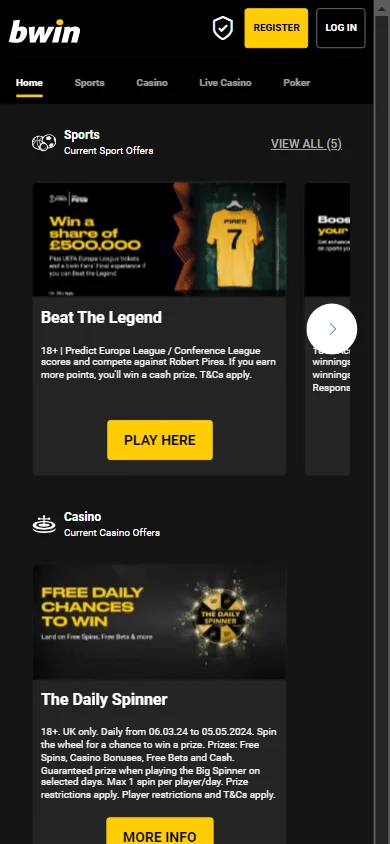 Bwin Casino mobile promotions screen